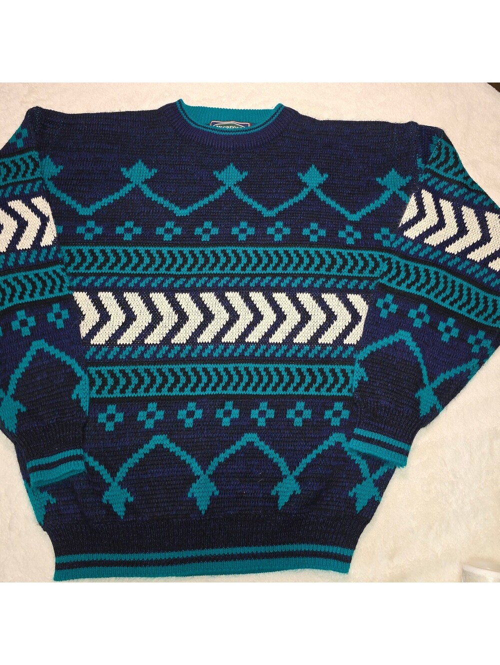 Vintage 90s McGregor Geometric Crewneck Sweater Mens Large Teal Blue Grandpacore